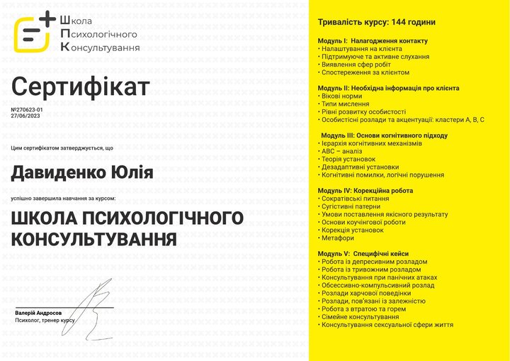 Сертифікат школи психологічного консультування Валерія Андросова, 144 години, 2023